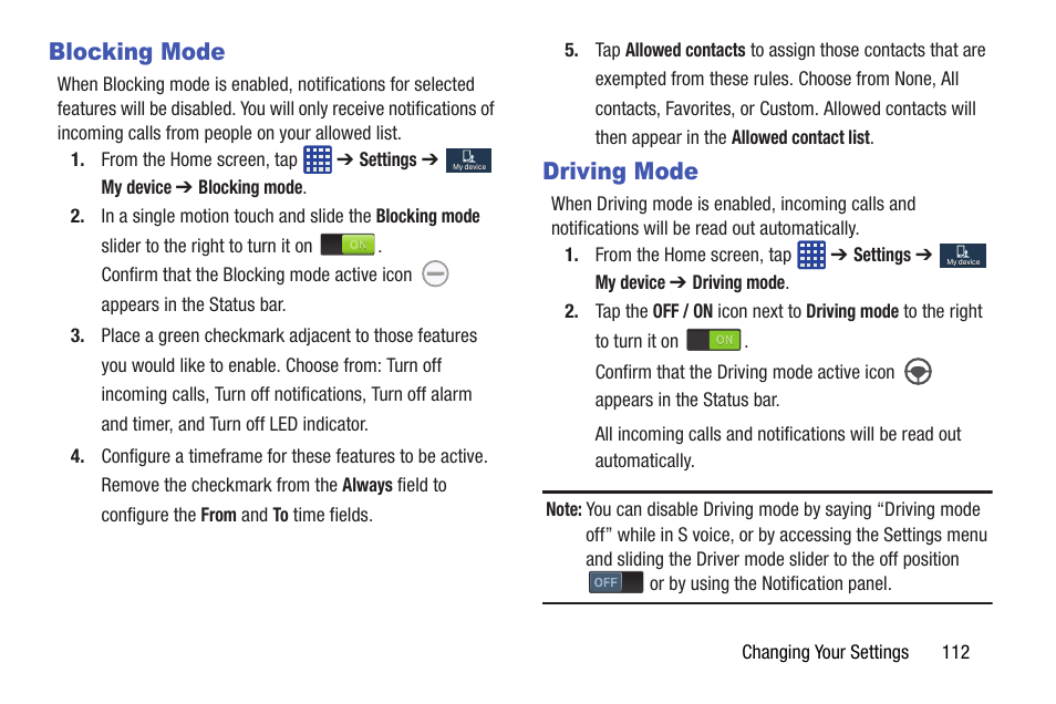 Blocking mode, Driving mode, Blocking mode driving mode | Samsung SGH-I527ZKBATT User Manual | Page 119 / 237