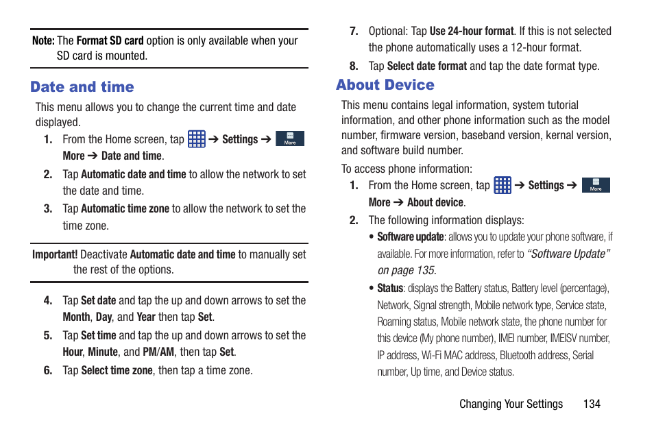 Date and time, About device, Date and time about device | Samsung SGH-I527ZKBATT User Manual | Page 141 / 237