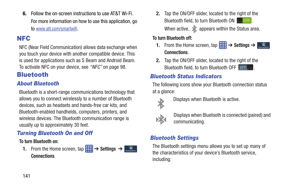 Bluetooth, Nfc bluetooth | Samsung SGH-I527ZKBATT User Manual | Page 148 / 237