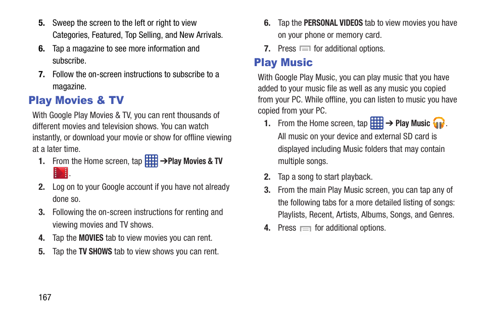 Play movies & tv, Play music, Play movies & tv play music | Samsung SGH-I527ZKBATT User Manual | Page 174 / 237