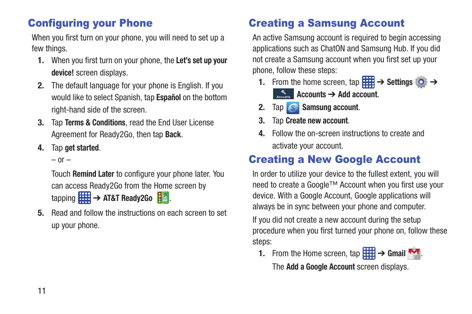 Configuring your phone, Creating a samsung account, Creating a new google account | Samsung SGH-I527ZKBATT User Manual | Page 18 / 237