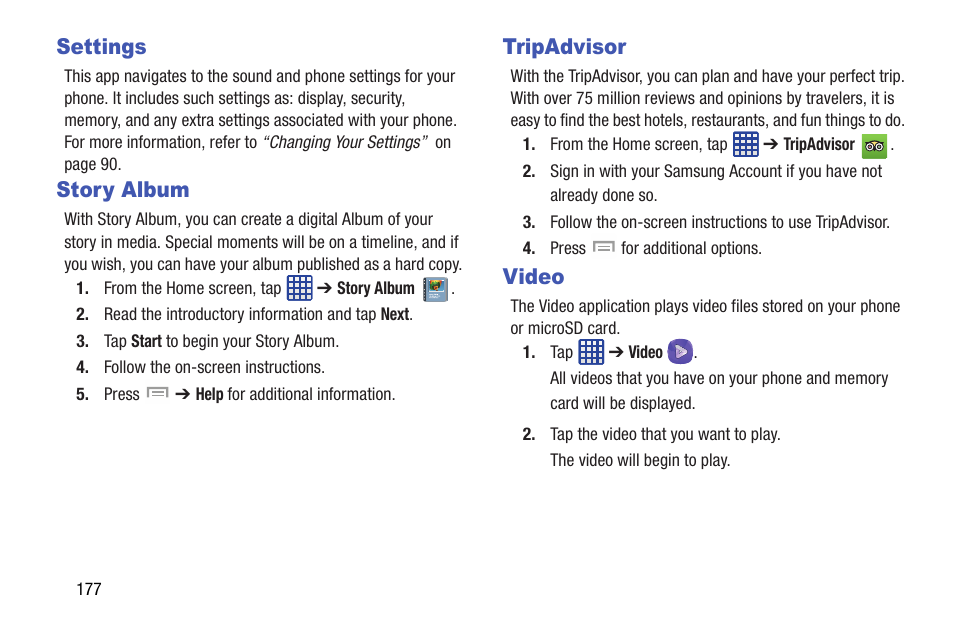 Settings, Story album, Tripadvisor | Video, Settings story album tripadvisor | Samsung SGH-I527ZKBATT User Manual | Page 184 / 237