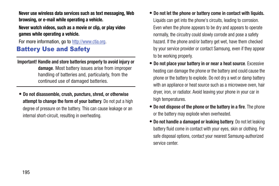 Battery use and safety | Samsung SGH-I527ZKBATT User Manual | Page 202 / 237