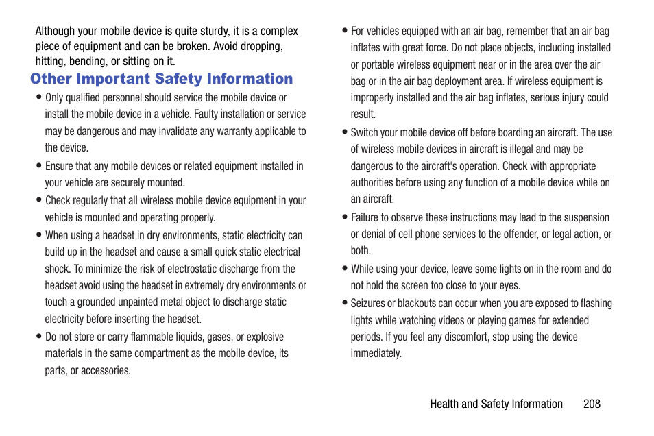 Other important safety information | Samsung SGH-I527ZKBATT User Manual | Page 215 / 237