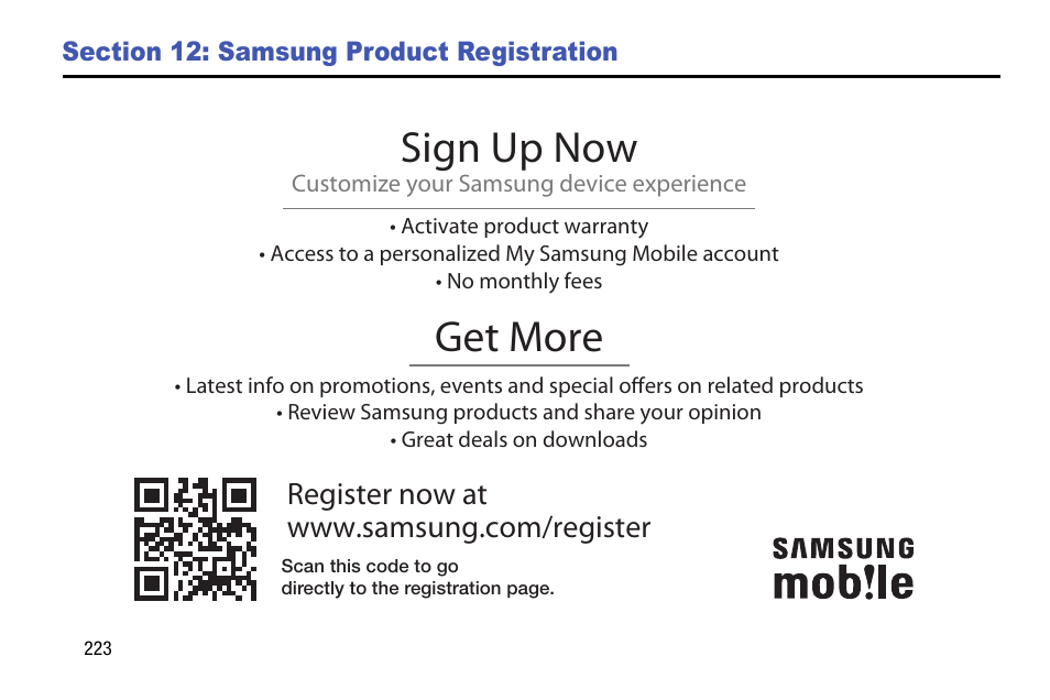 Section 12: samsung product registration, Section 12: samsung product, Registration | Sign up now, Get more | Samsung SGH-I527ZKBATT User Manual | Page 230 / 237