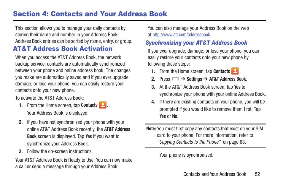 Section 4: contacts and your address book, At&t address book activation, Section 4: contacts and your address | Book | Samsung SGH-I527ZKBATT User Manual | Page 59 / 237