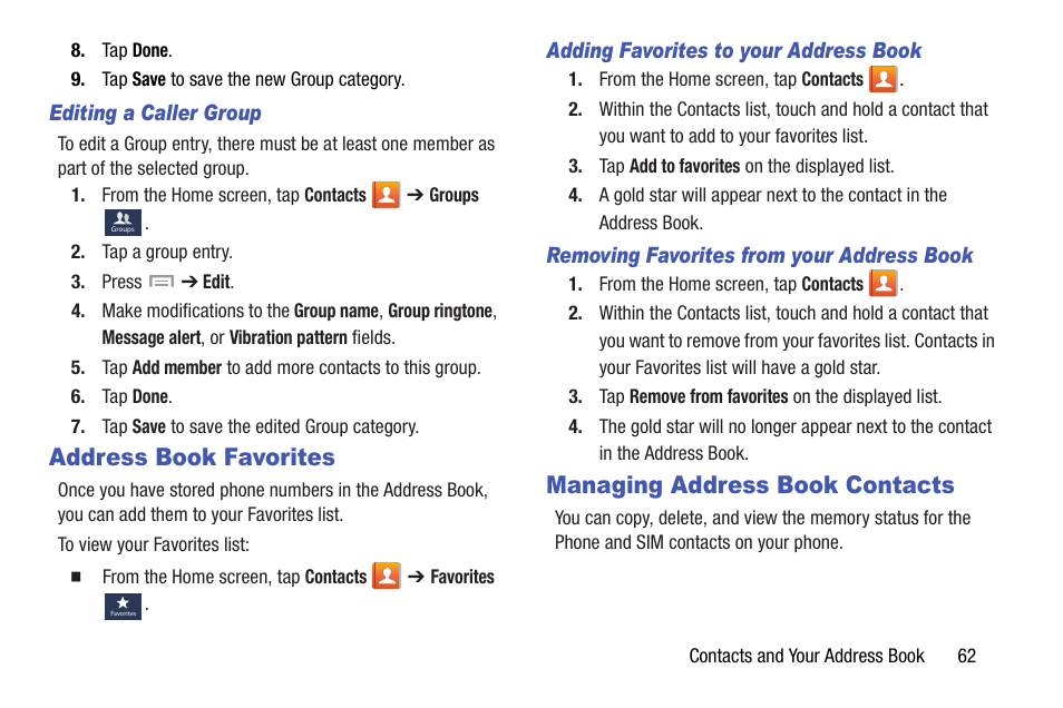 Address book favorites, Managing address book contacts | Samsung SGH-I527ZKBATT User Manual | Page 69 / 237