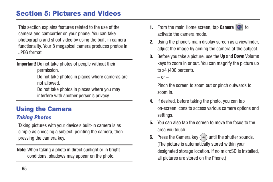 Section 5: pictures and videos, Using the camera | Samsung SGH-I527ZKBATT User Manual | Page 72 / 237