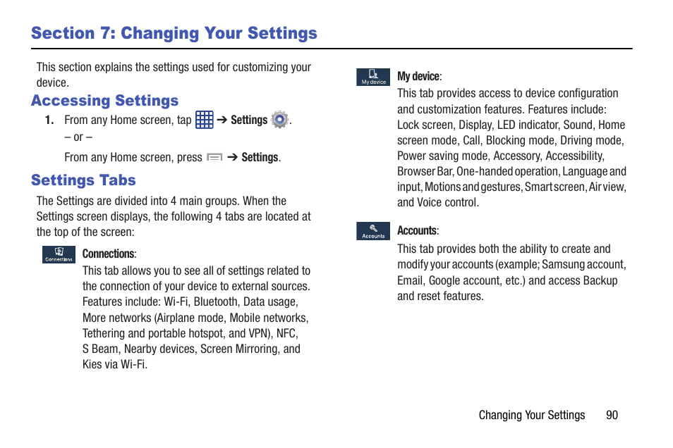 Section 7: changing your settings, Accessing settings, Settings tabs | Accessing settings settings tabs | Samsung SGH-I527ZKBATT User Manual | Page 97 / 237