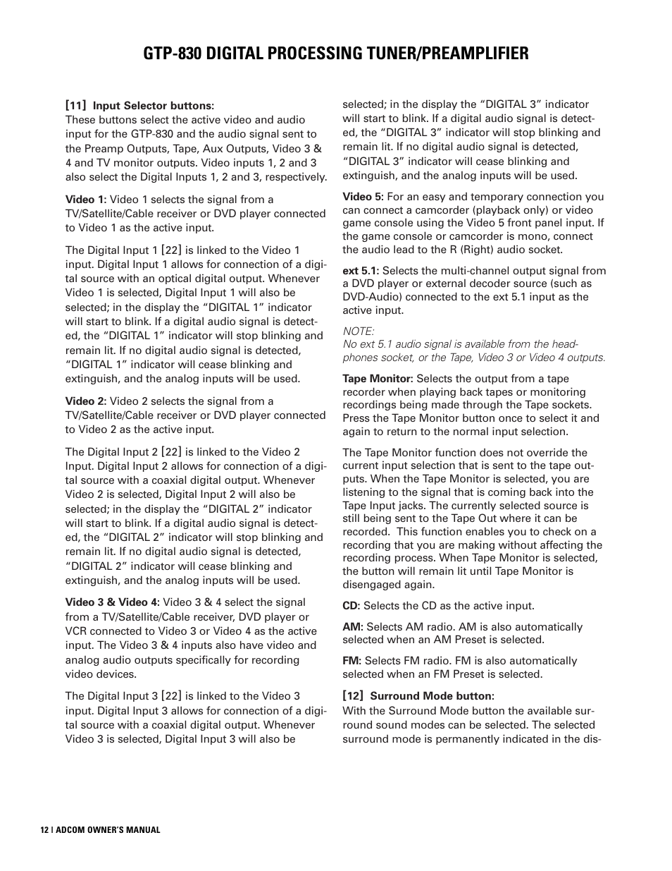 Gtp-830 digital processing tuner/preamplifier | Adcom GTP-830 User Manual | Page 12 / 40