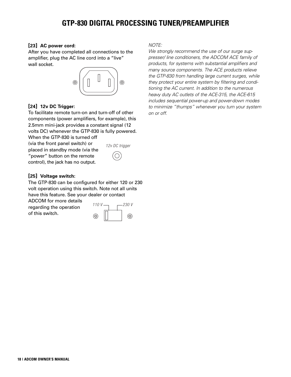 Gtp-830 digital processing tuner/preamplifier | Adcom GTP-830 User Manual | Page 18 / 40