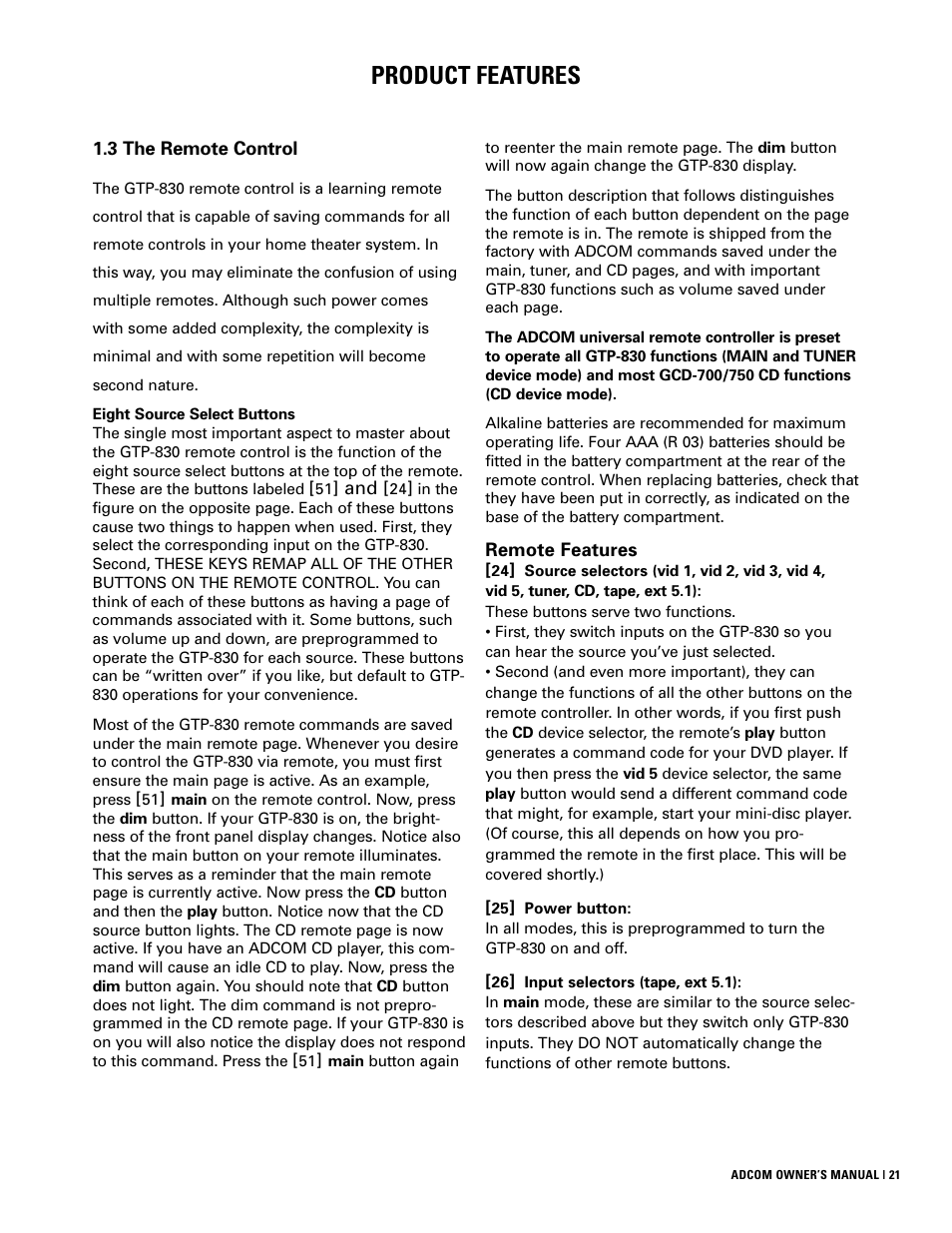 Product features | Adcom GTP-830 User Manual | Page 21 / 40