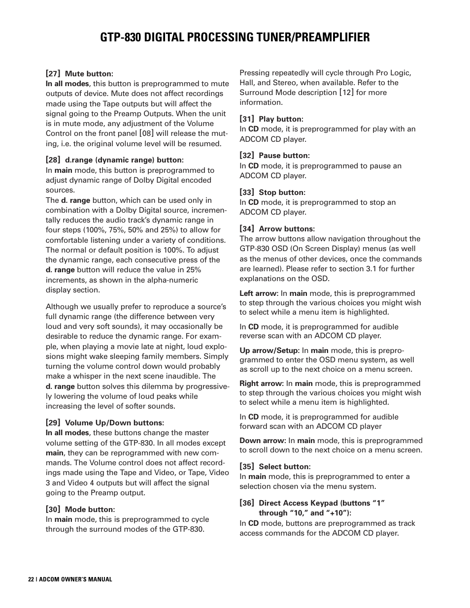 Gtp-830 digital processing tuner/preamplifier | Adcom GTP-830 User Manual | Page 22 / 40