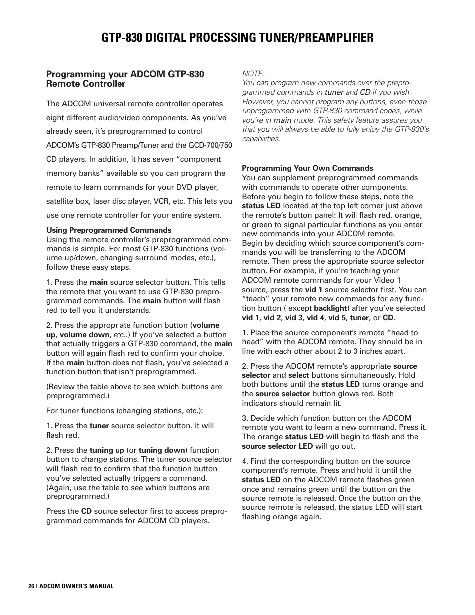 Gtp-830 digital processing tuner/preamplifier | Adcom GTP-830 User Manual | Page 26 / 40