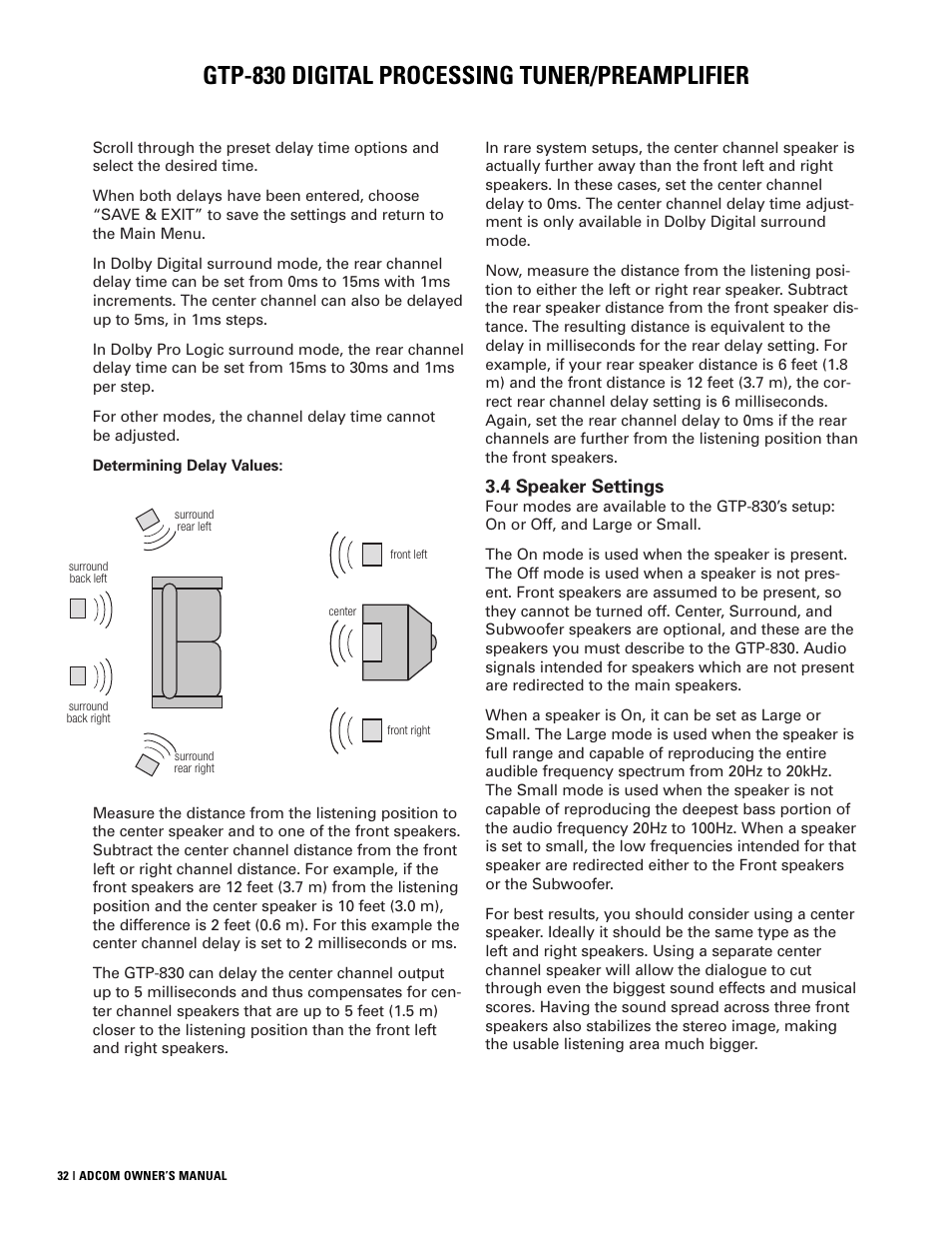 Gtp-830 digital processing tuner/preamplifier, 4 speaker settings | Adcom GTP-830 User Manual | Page 32 / 40