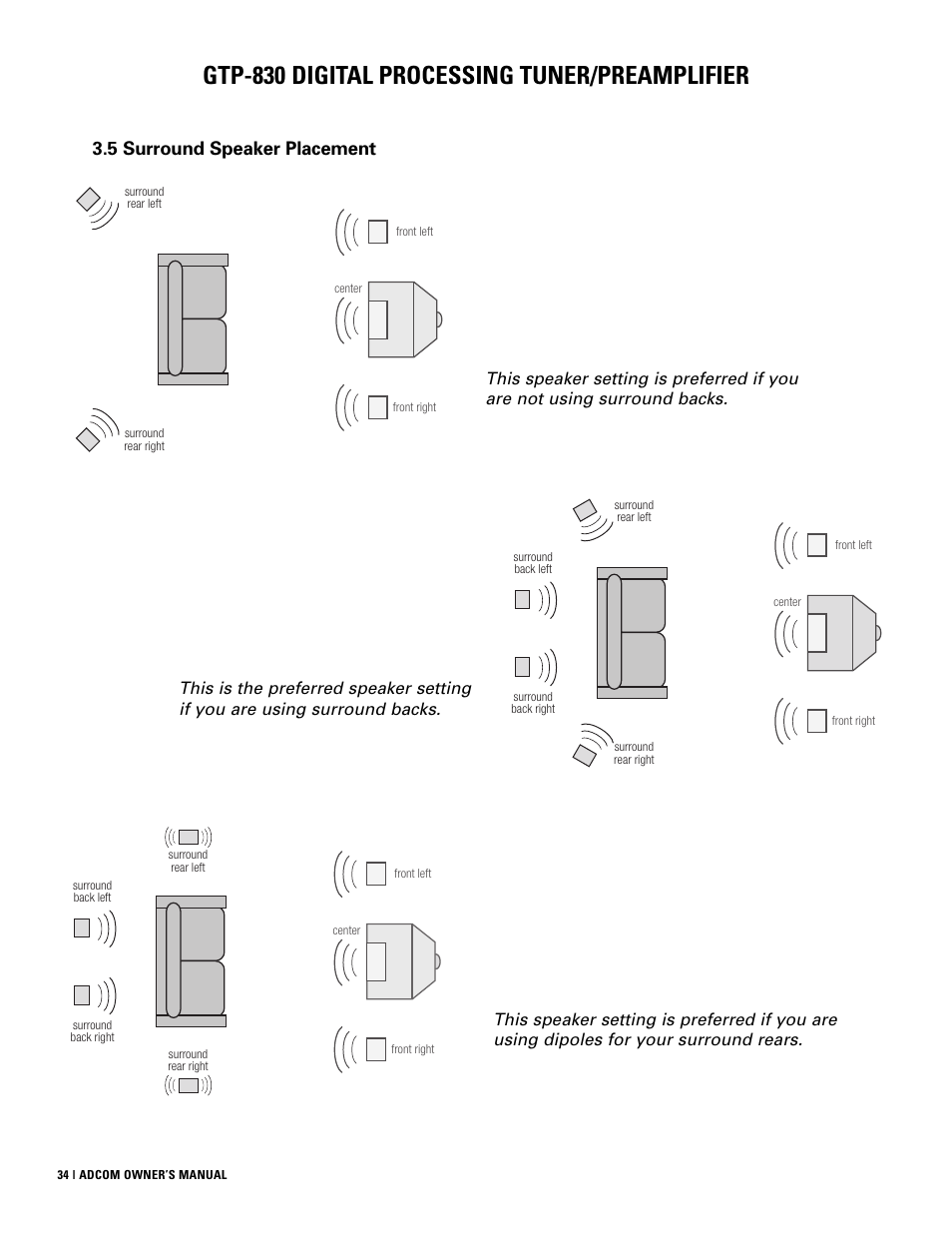 Gtp-830 digital processing tuner/preamplifier, 5 surround speaker placement | Adcom GTP-830 User Manual | Page 34 / 40