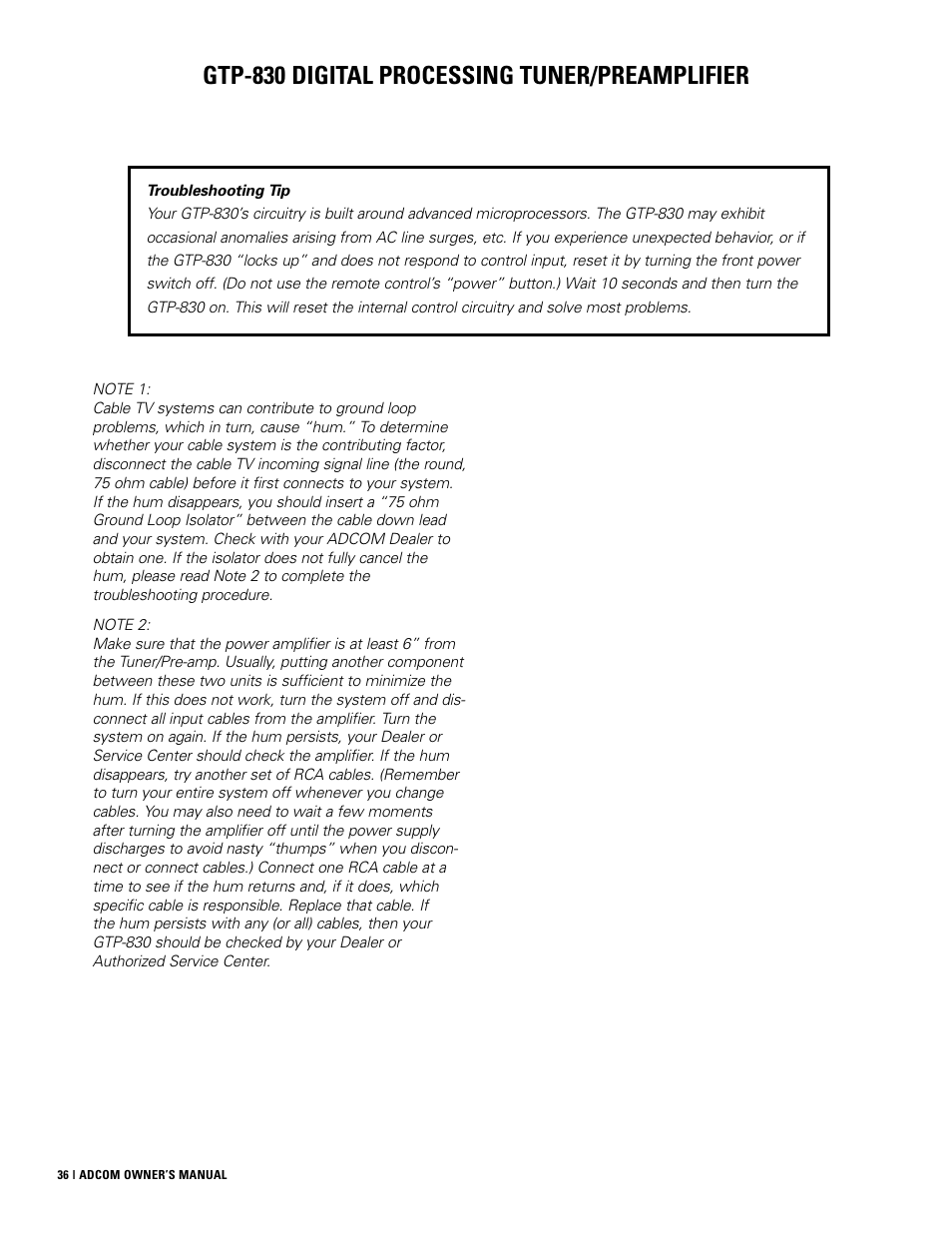 Gtp-830 digital processing tuner/preamplifier | Adcom GTP-830 User Manual | Page 36 / 40