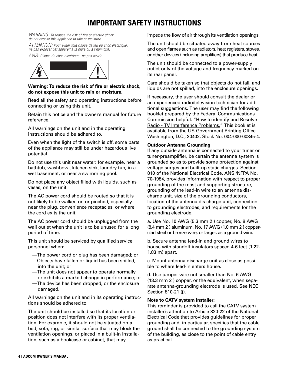 Important safety instructions, Caution | Adcom GTP-830 User Manual | Page 4 / 40