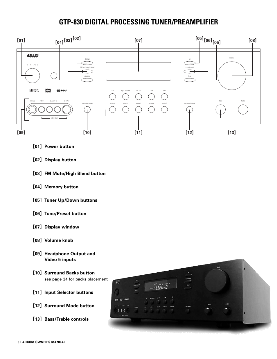 Gtp-830 digital processing tuner/preamplifier | Adcom GTP-830 User Manual | Page 8 / 40