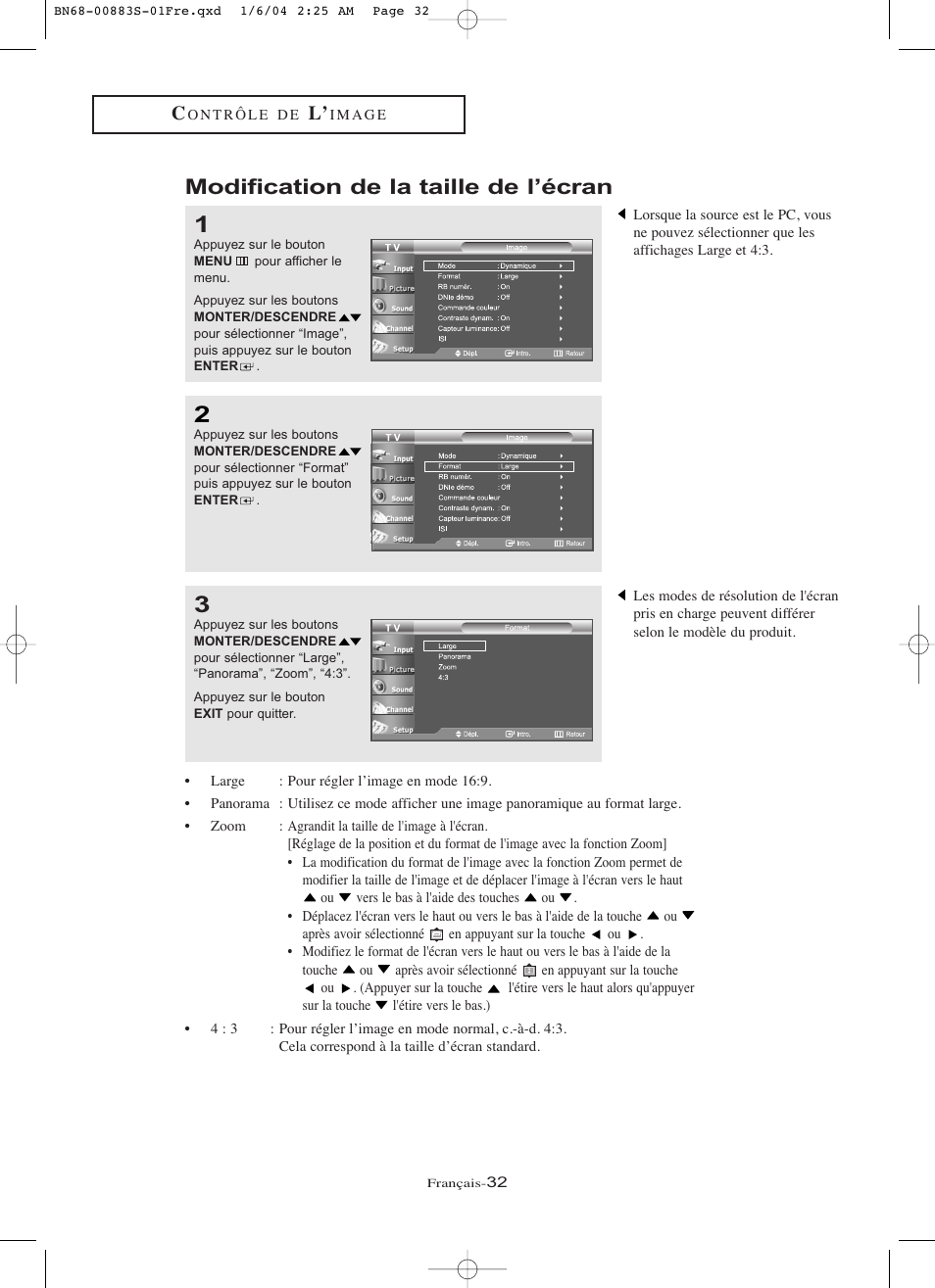 Modification de la taille de l’écran | Samsung LNR238WXCX-XAA User Manual | Page 123 / 258