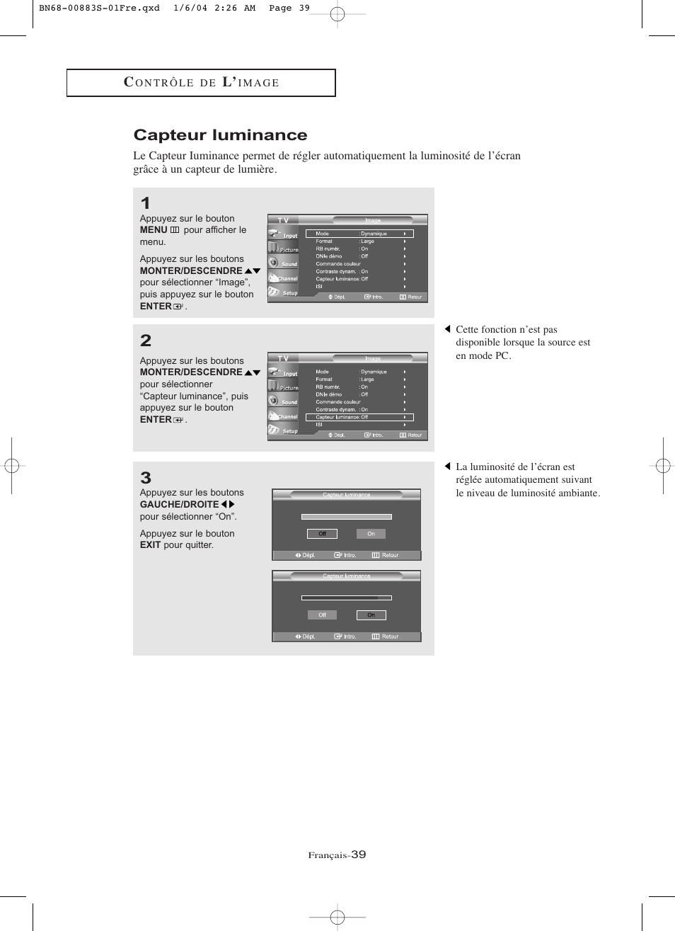 Capteur luminance | Samsung LNR238WXCX-XAA User Manual | Page 130 / 258