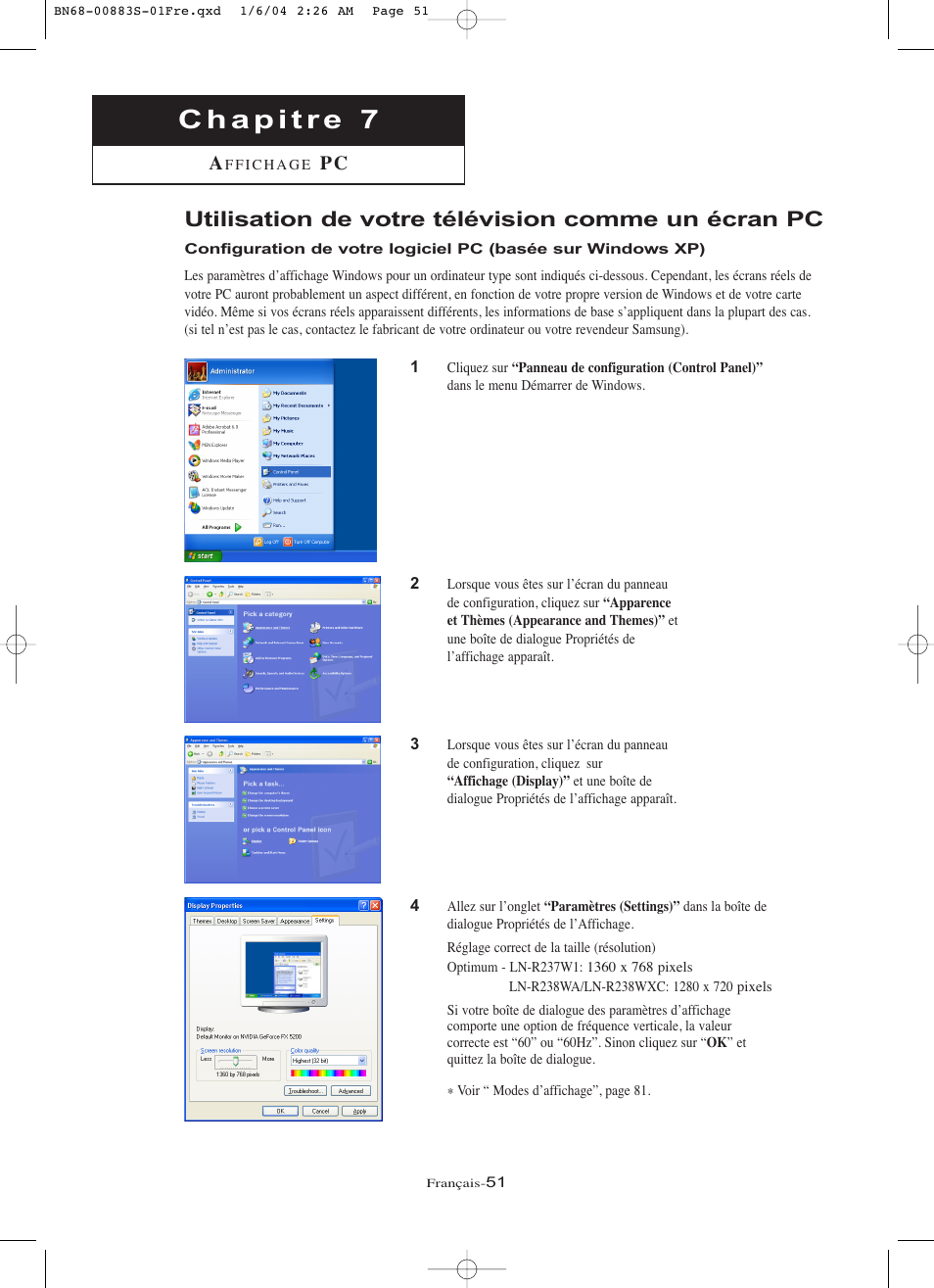 Utilisation de votre télévision comme un écran pc | Samsung LNR238WXCX-XAA User Manual | Page 142 / 258