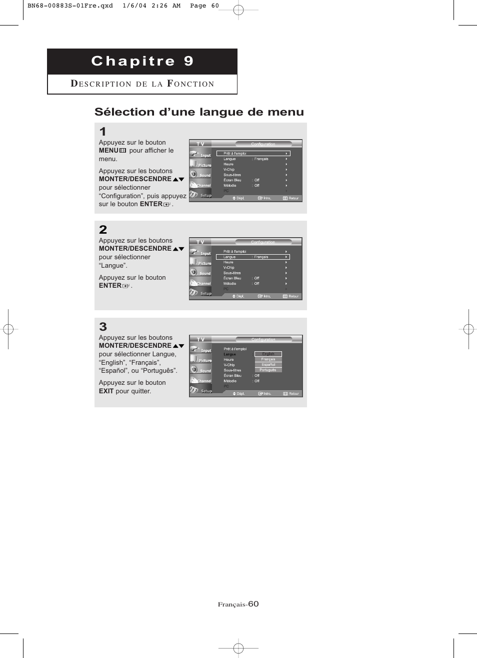 Sélection d’une langue de menu | Samsung LNR238WXCX-XAA User Manual | Page 151 / 258