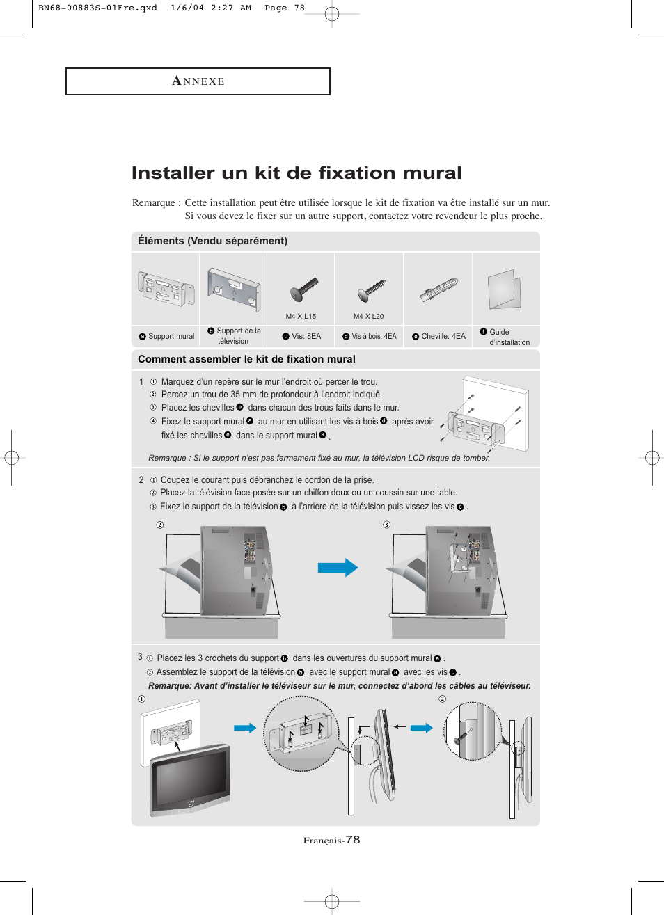 Installer un kit de fixation mural | Samsung LNR238WXCX-XAA User Manual | Page 169 / 258