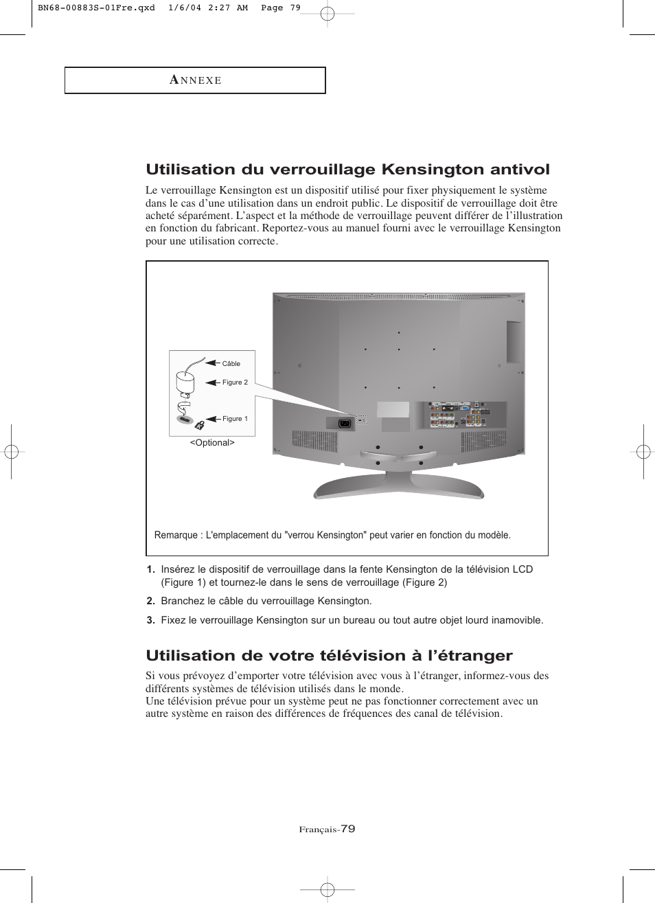 Utilisation de votre télévision à l’étranger, Utilisation du verrouillage kensington antivol | Samsung LNR238WXCX-XAA User Manual | Page 170 / 258