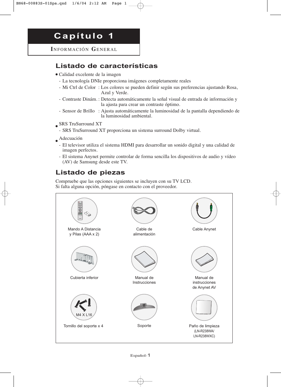 Listado de piezas, Listado de características | Samsung LNR238WXCX-XAA User Manual | Page 178 / 258