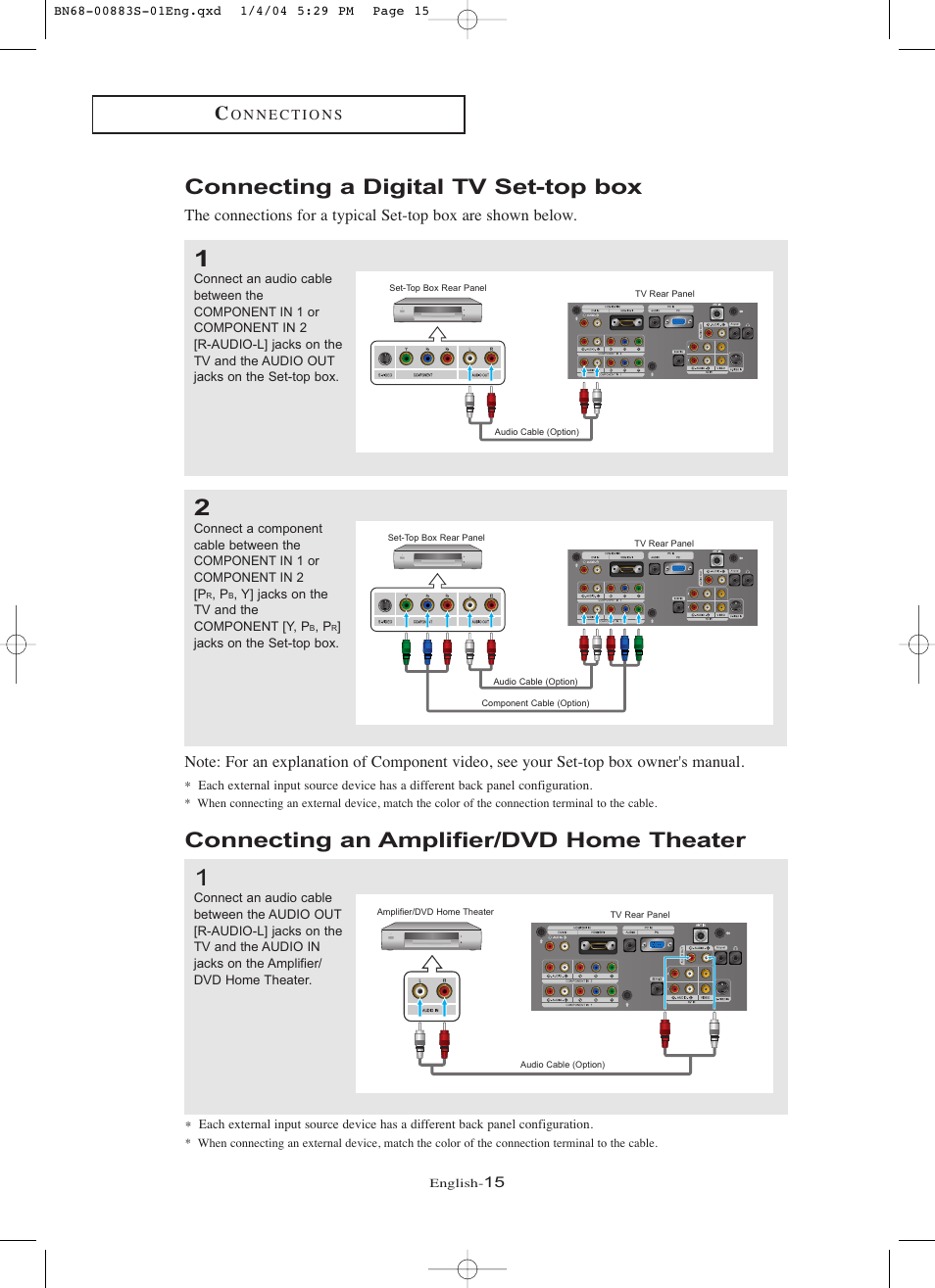 Connecting a digital tv set-top box, Connecting an amplifier/dvd home theater | Samsung LNR238WXCX-XAA User Manual | Page 20 / 258