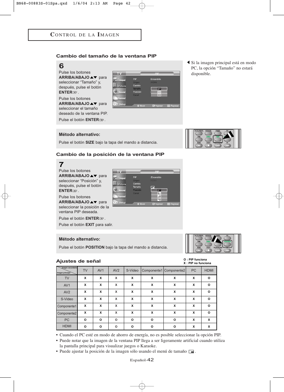 Cambio del tamaño de la ventana pip, Método alternativo, Ajustes de señal | Samsung LNR238WXCX-XAA User Manual | Page 219 / 258