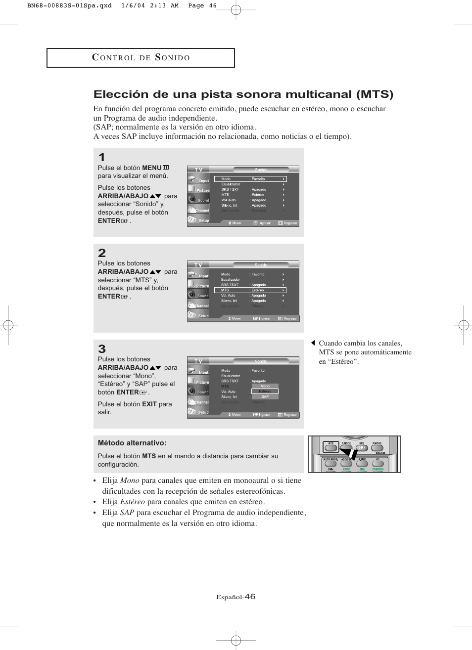 Elección de una pista sonora multicanal (mts) | Samsung LNR238WXCX-XAA User Manual | Page 223 / 258