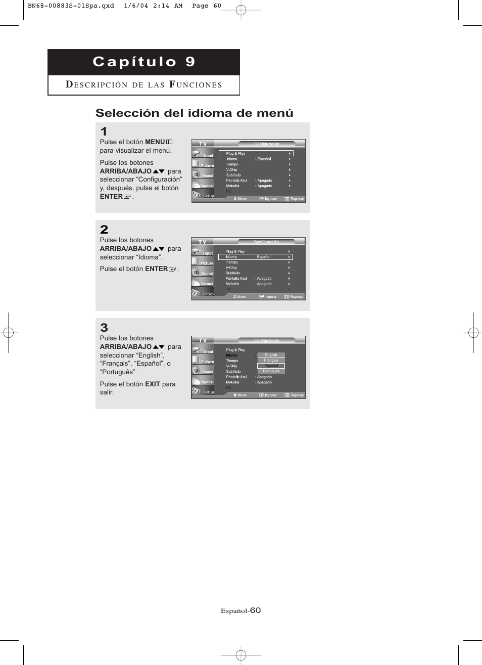 Selección del idioma de menú | Samsung LNR238WXCX-XAA User Manual | Page 237 / 258