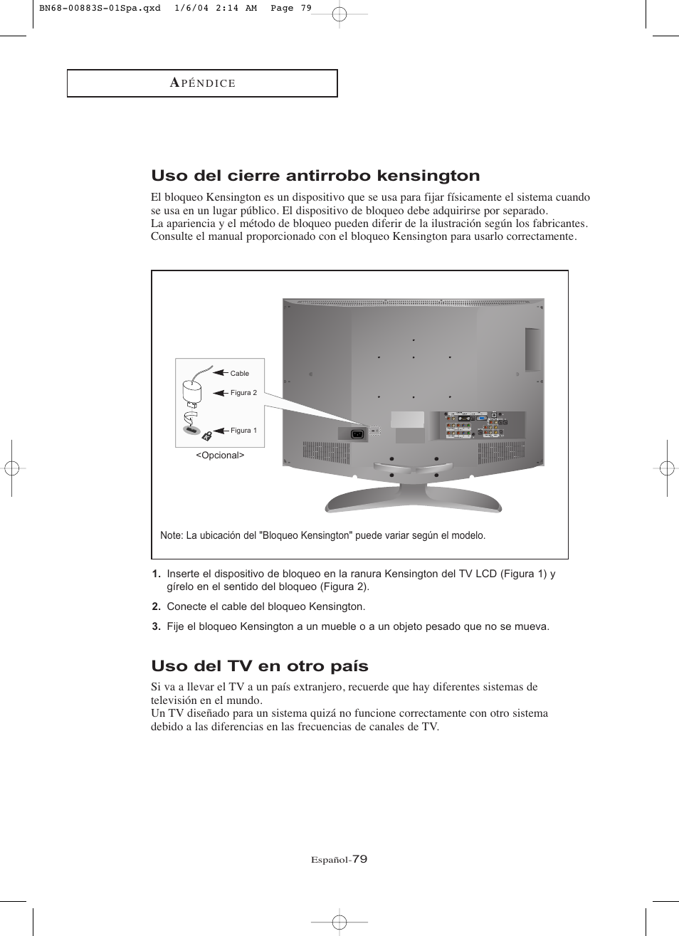 Uso del tv en otro país, Uso del cierre antirrobo kensington | Samsung LNR238WXCX-XAA User Manual | Page 256 / 258