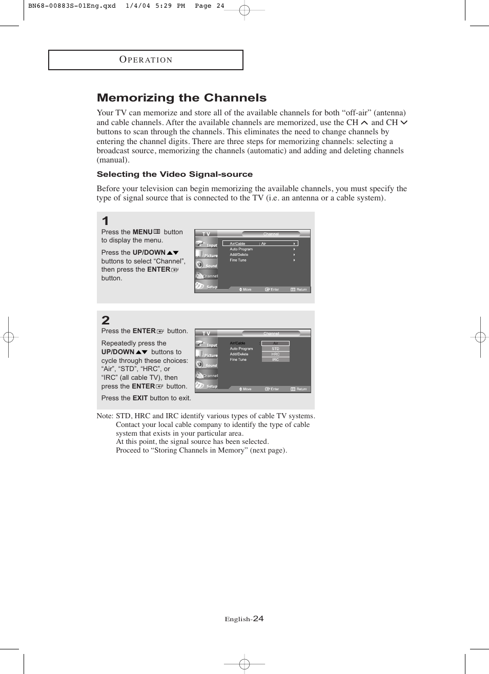 Memorizing the channels, Selecting the video signal-source | Samsung LNR238WXCX-XAA User Manual | Page 29 / 258