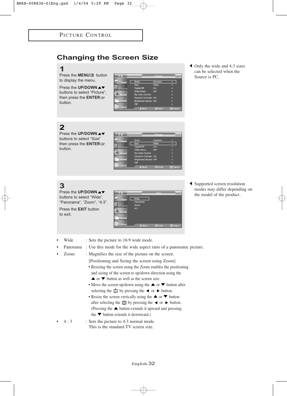 Changing the screen size | Samsung LNR238WXCX-XAA User Manual | Page 37 / 258