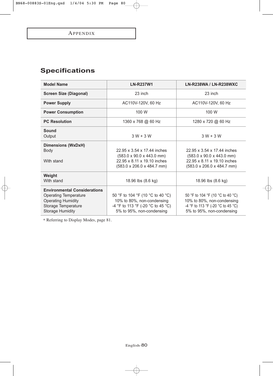 Specifications | Samsung LNR238WXCX-XAA User Manual | Page 85 / 258