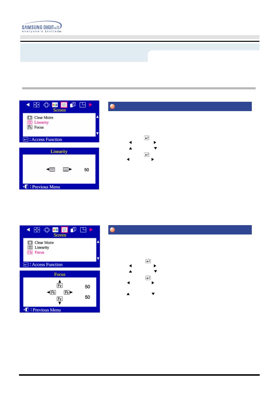 On-screen display, Linearity focus, User’s manual 32 | Menu, How to adjust | Samsung AQ17ISBUC-EDC User Manual | Page 34 / 74