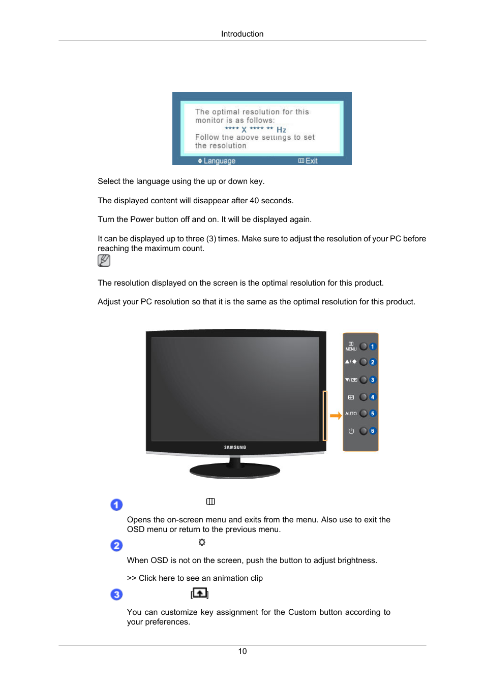 Your monitor, Initial settings, Front | Samsung LS22CMKKFV-ZA User Manual | Page 11 / 64