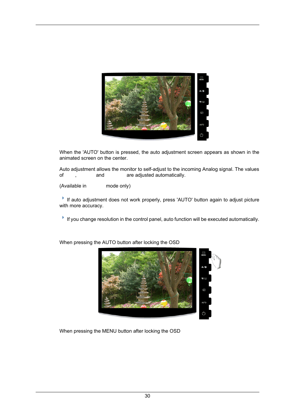 Adjusting the monitor, Direct functions, Auto | Osd lock & unlock | Samsung LS22CMKKFV-ZA User Manual | Page 31 / 64