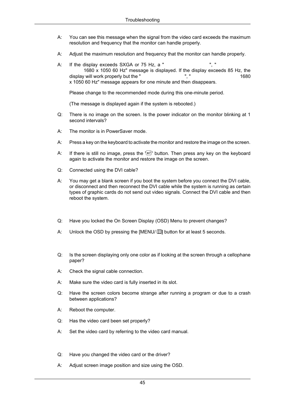 I cannot see the on screen display, The screen suddenly has become unbalanced | Samsung LS22CMKKFV-ZA User Manual | Page 46 / 64