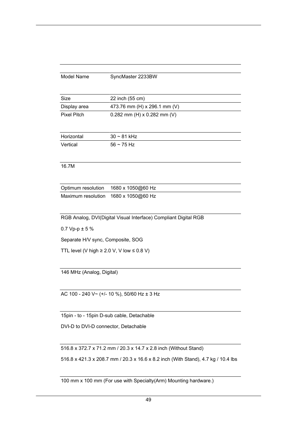 Specifications, General | Samsung LS22CMKKFV-ZA User Manual | Page 50 / 64