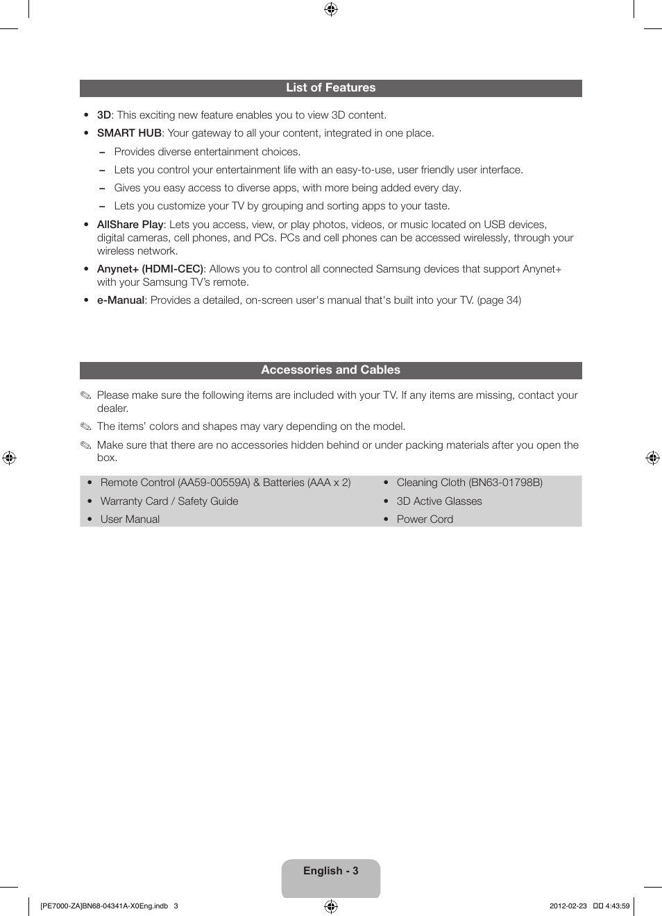 Samsung PN51E7000FFXZA User Manual | Page 3 / 45