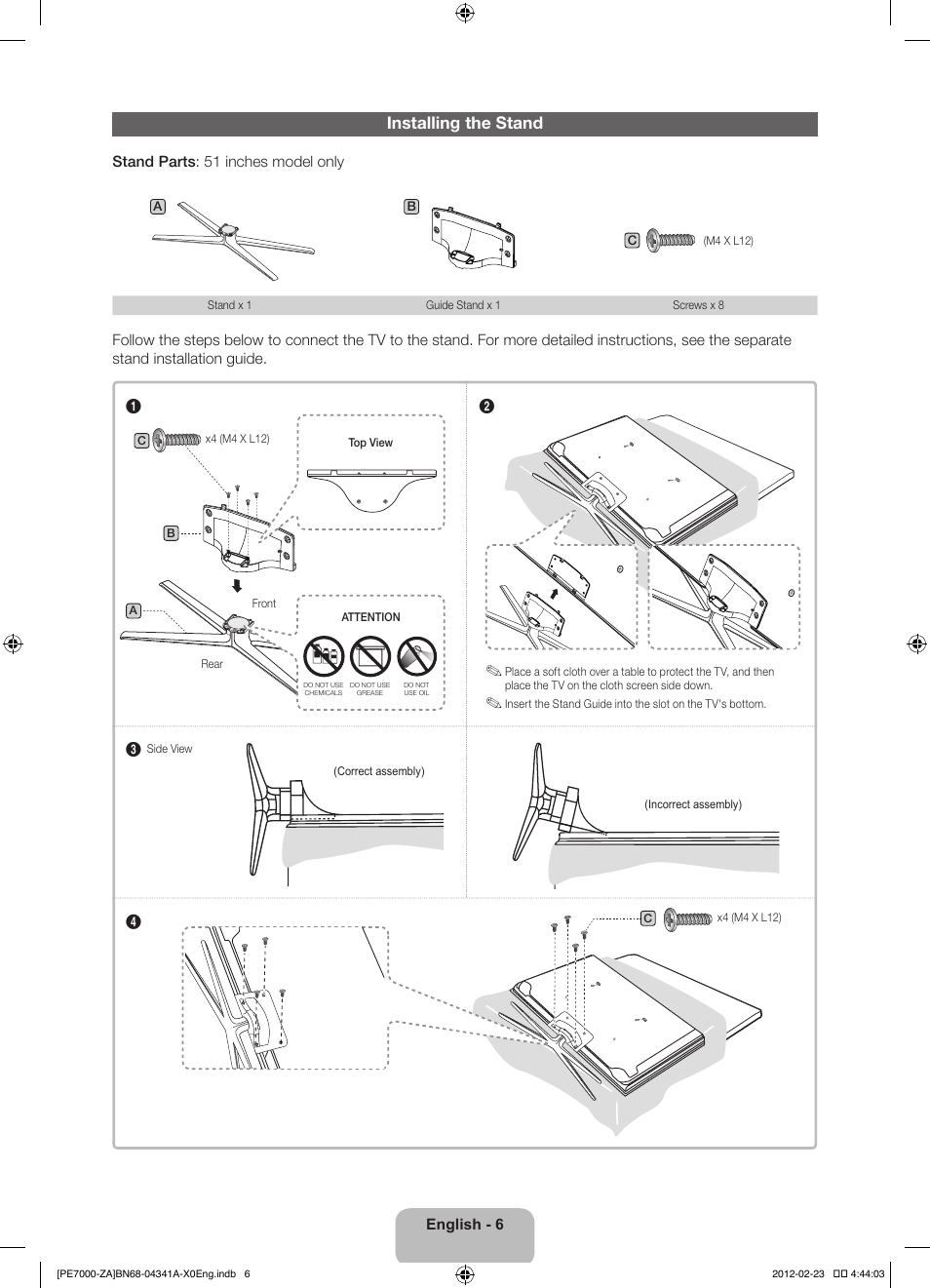 Installing the stand | Samsung PN51E7000FFXZA User Manual | Page 6 / 45