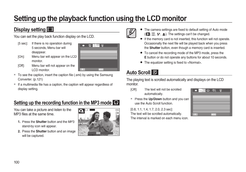 Display setting, Setting up the recording function in the mp3 mode, Auto scroll | Samsung EC-I85ZZBBA-AU User Manual | Page 100 / 130