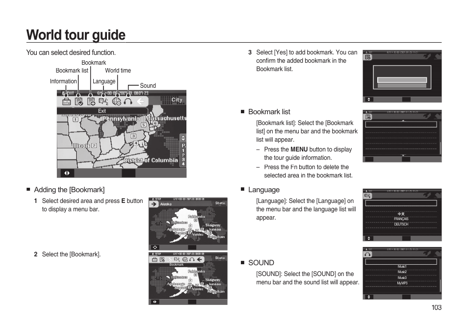 World tour guide, 103 you can select desired function, Adding the [bookmark | Bookmark list, Language, Sound | Samsung EC-I85ZZBBA-AU User Manual | Page 103 / 130