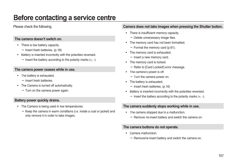 Before contacting a service centre | Samsung EC-I85ZZBBA-AU User Manual | Page 107 / 130