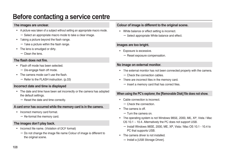 Before contacting a service centre | Samsung EC-I85ZZBBA-AU User Manual | Page 108 / 130