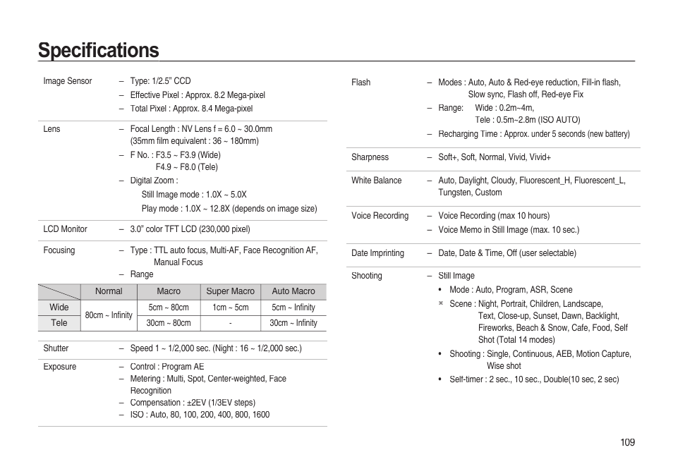 Speciﬁ cations | Samsung EC-I85ZZBBA-AU User Manual | Page 109 / 130